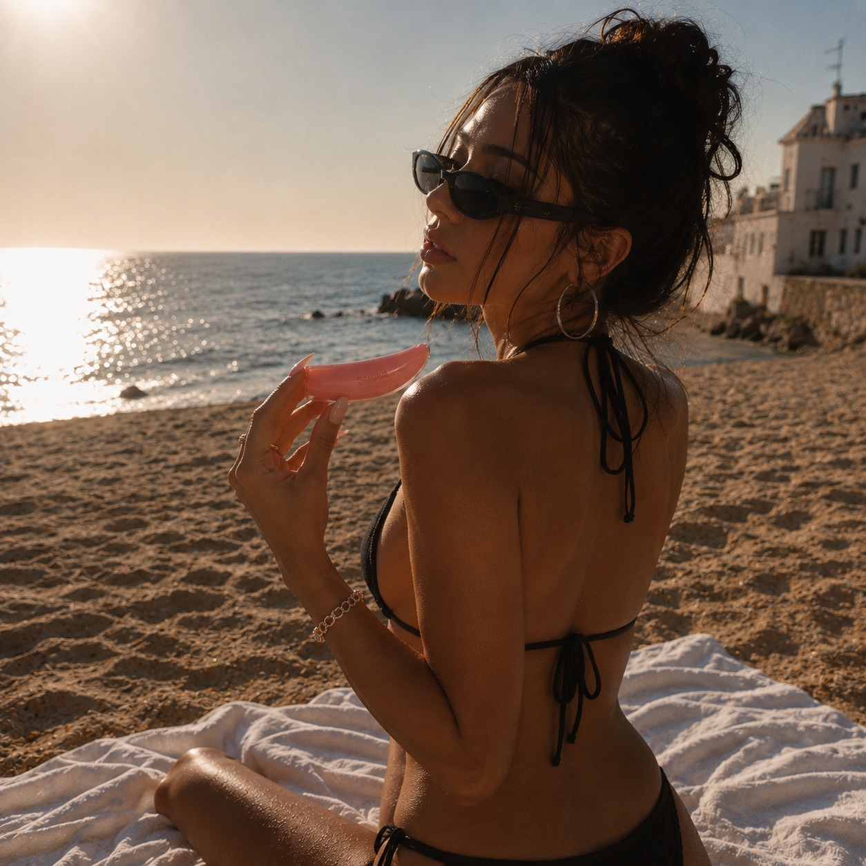 Woman holding SANDÍA gloss on a beach at sunset
