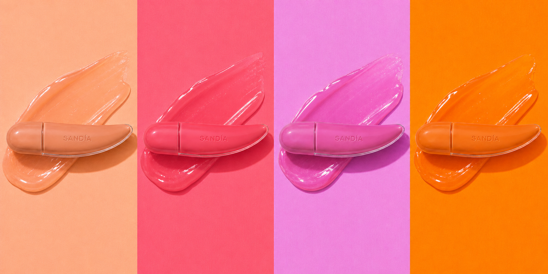 Four curved SANDÍA lip gloss cases displayed over glossy gel color swatches